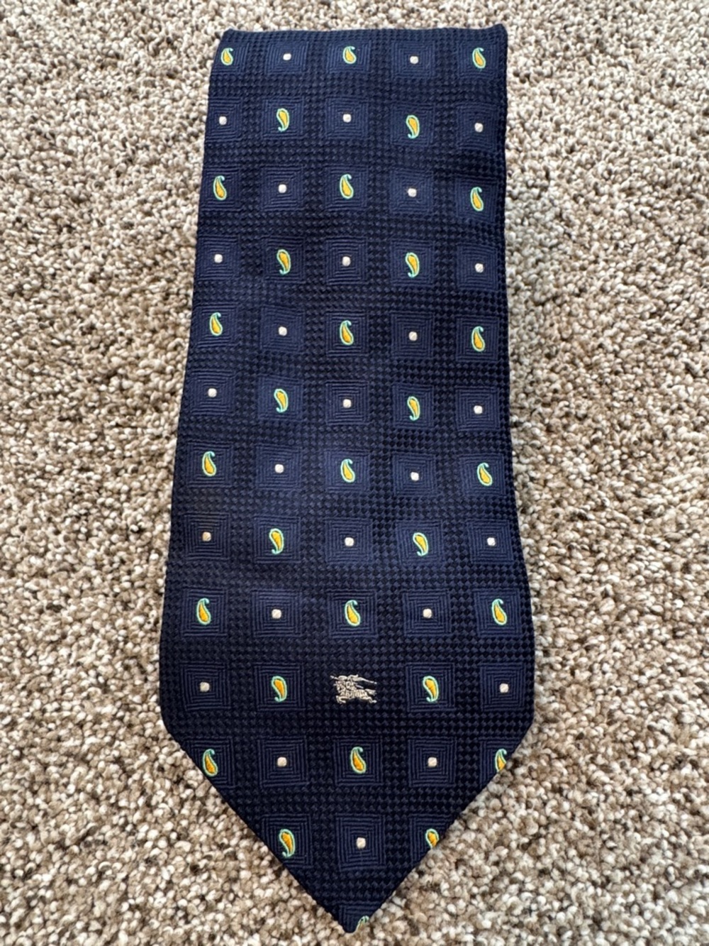 Burberrys Vintage Navy Tie with Green and Yellow Paisley Motif - Picture 1 of 3